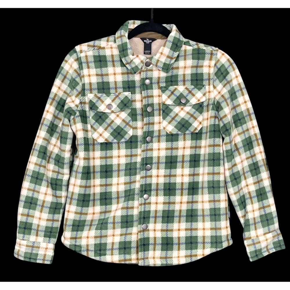 Eddie Bauer Fleece Shirt Jacket Kids M 10/12 Green Plaid Sherpa Lined Rugged - Picture 1 of 6